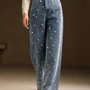 Blue Casual Women's High Waist Pearl Embellished Straight Loose Wide Leg Jeans